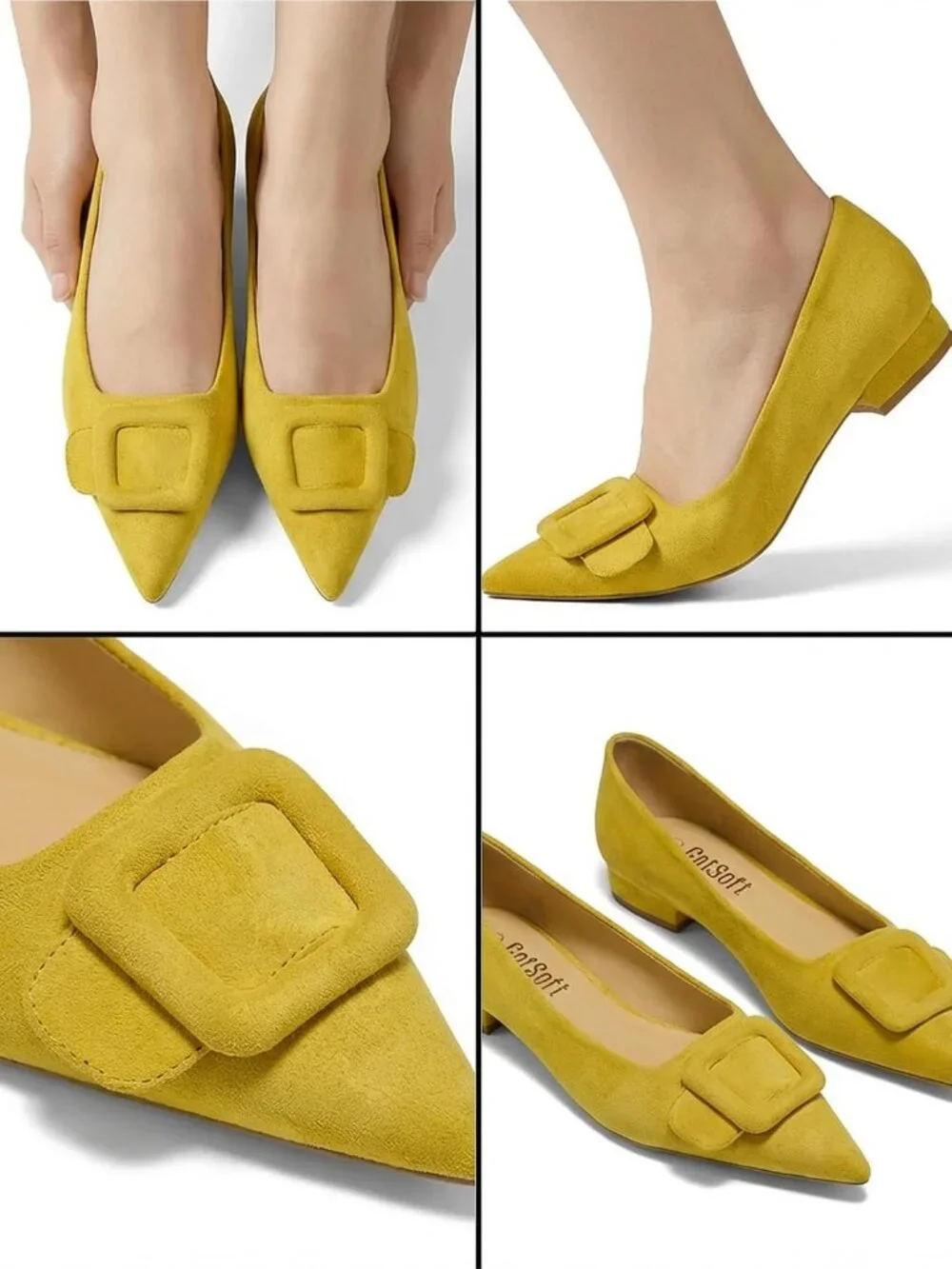 Women's Yellow Rubber Pointed Toe Square Buckle Flats Slip On Comfortable Shoes